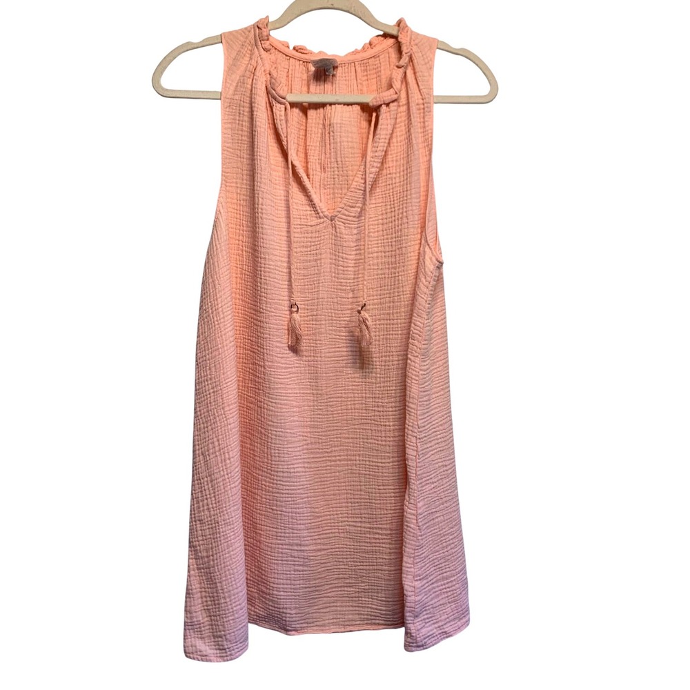 Gauze Tank Top Womens Large Peach Pink Boho Tassel V-Neck Sleeveless Cotton